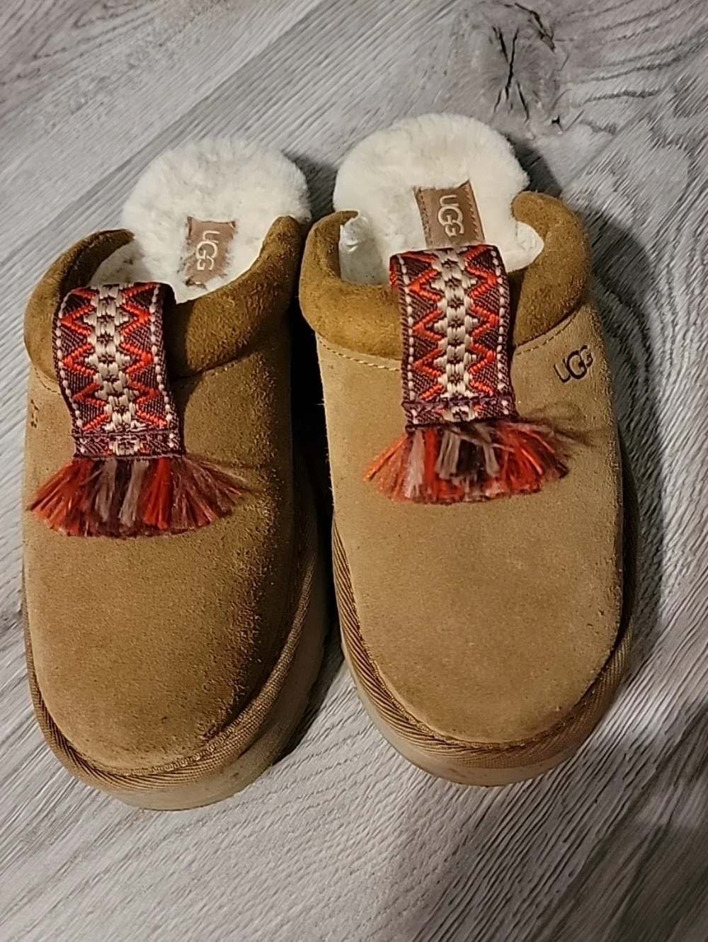 UGG Chestnut Suede Shearling Mule Slippers with Decorative Tassel